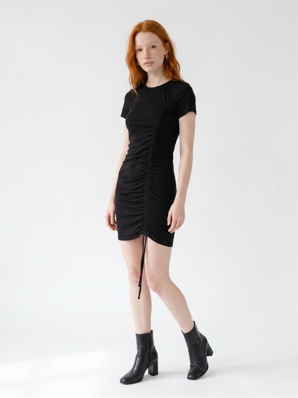 2 Divided Ruched Side-Tie Mini Dress in black and brown